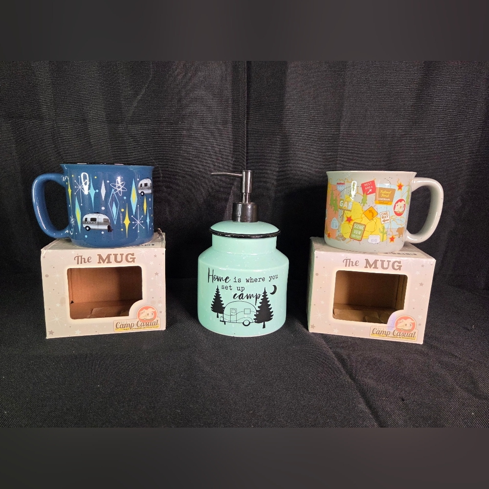 Camping Soap Dispenser & 2 Camp Casual Coffee Mugs